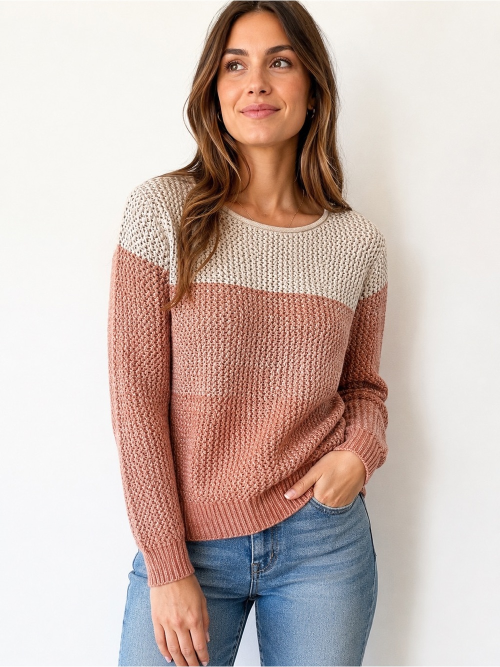 Banana Republic 100% Cotton Colorblock Textured Knit Sweater Medium Blush Cream